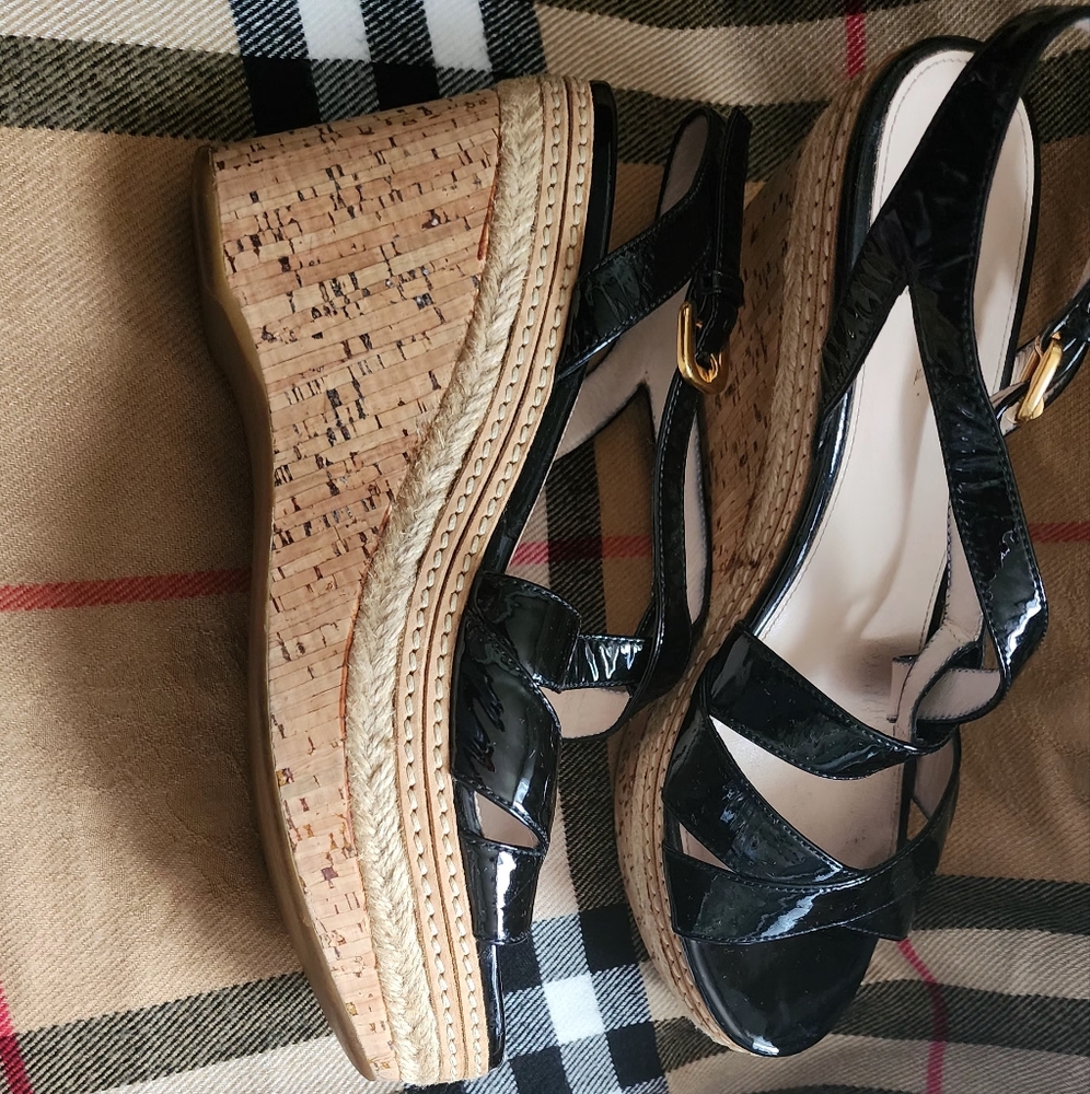 PRADA CORK WEDGE PATENT LEATHER SANDAL STRAPPY  39 1/2